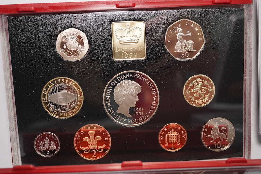 British coins, QEII, Royal Mint, seven UK proof coins sets, deluxe 1997-1999 and 2001-2003 and executive 2000